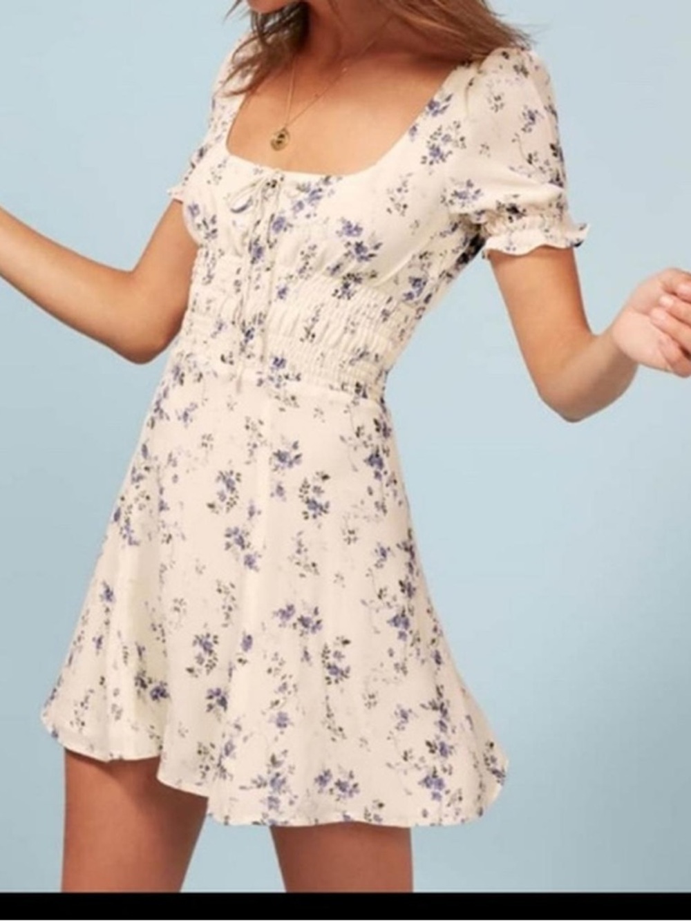 Reformation Madeline Print Floral Smocked Waist MiniDress White with Blue Floral